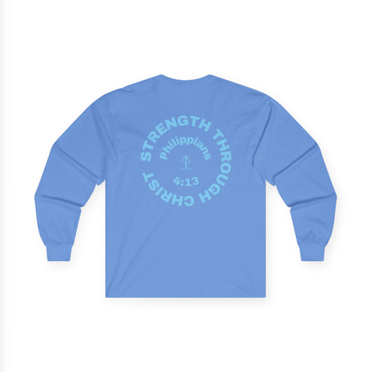 ICHTHYS 911 "Strength Through Christ Philippians 4:13" - Blue Font - Unisex Shirt - Men - Women - Christian Activewear - Wear Your Faith Long Sleeve Tee - Ichthys 911 & Strength Through Christ Philippians 4:13 Design