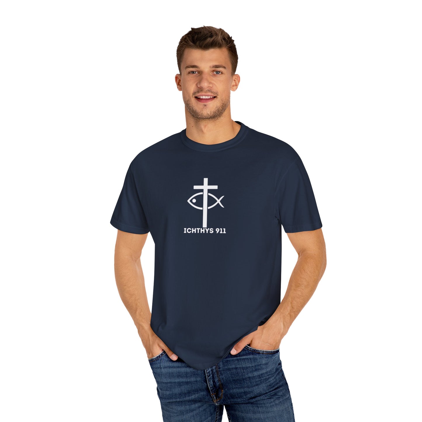 ICHTHYS 911 - 13th Disciple Collection - Christian Streetwear T-Shirt / Sweatshirt – Jesus Gym & Faith Fashion, Unisex Garment-Dyed T-Shirt White Font