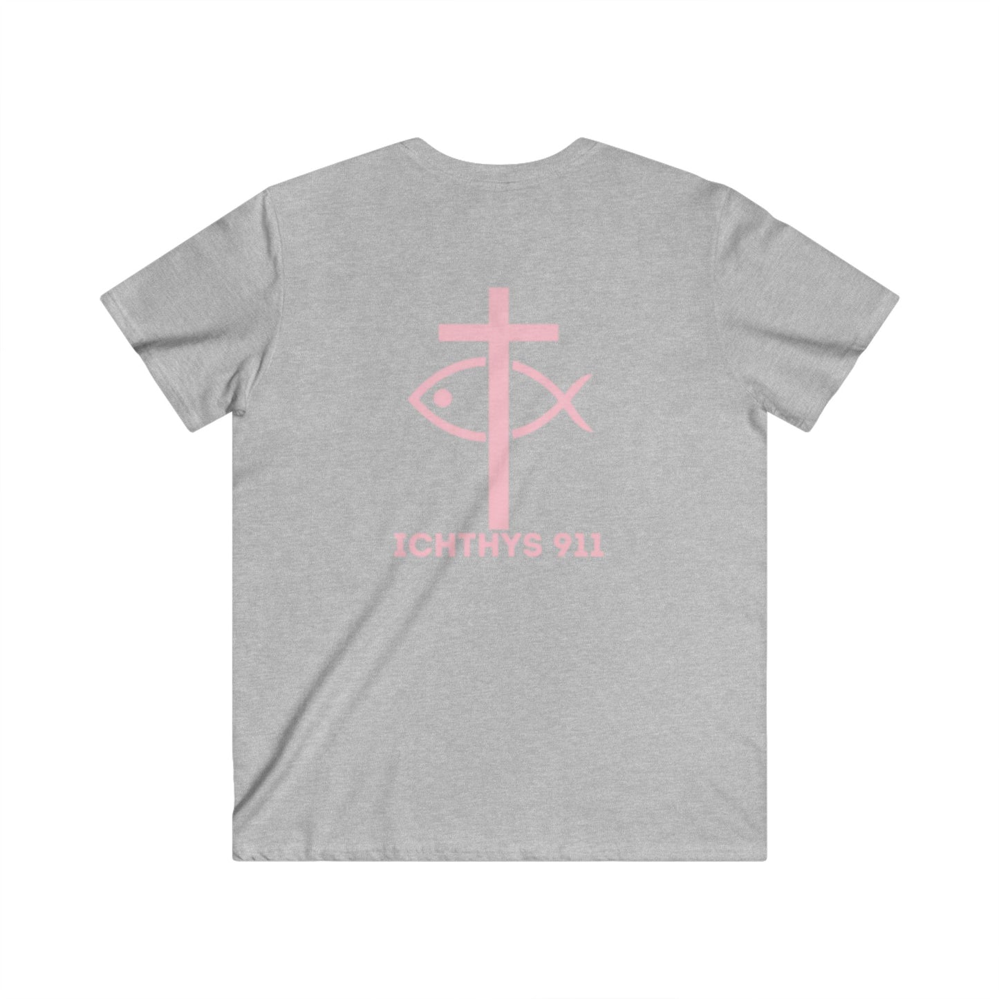 ICHTHYS 911 - Authentic Round Collection - Men's Fitted V-Neck Short Sleeve T - Shirt - Faith-Inspired - Christian Faith - Pink Font