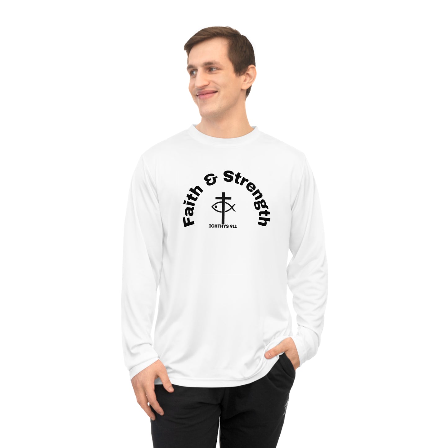 ICHTHYS 911 "Faith & Strength" Black Font Reverse Design - Unisex Performance Long Sleeve Shirt - Christian Activewear - Men - Women -100% Moisture-Wicking Poly