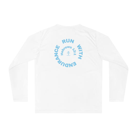 ICHTHYS 911 - Blue Font "Run with Endurance Hebrew 12:1" Reverse Unisex Performance Long Sleeve Shirt - ICHTHYS 911 Christian Activewear