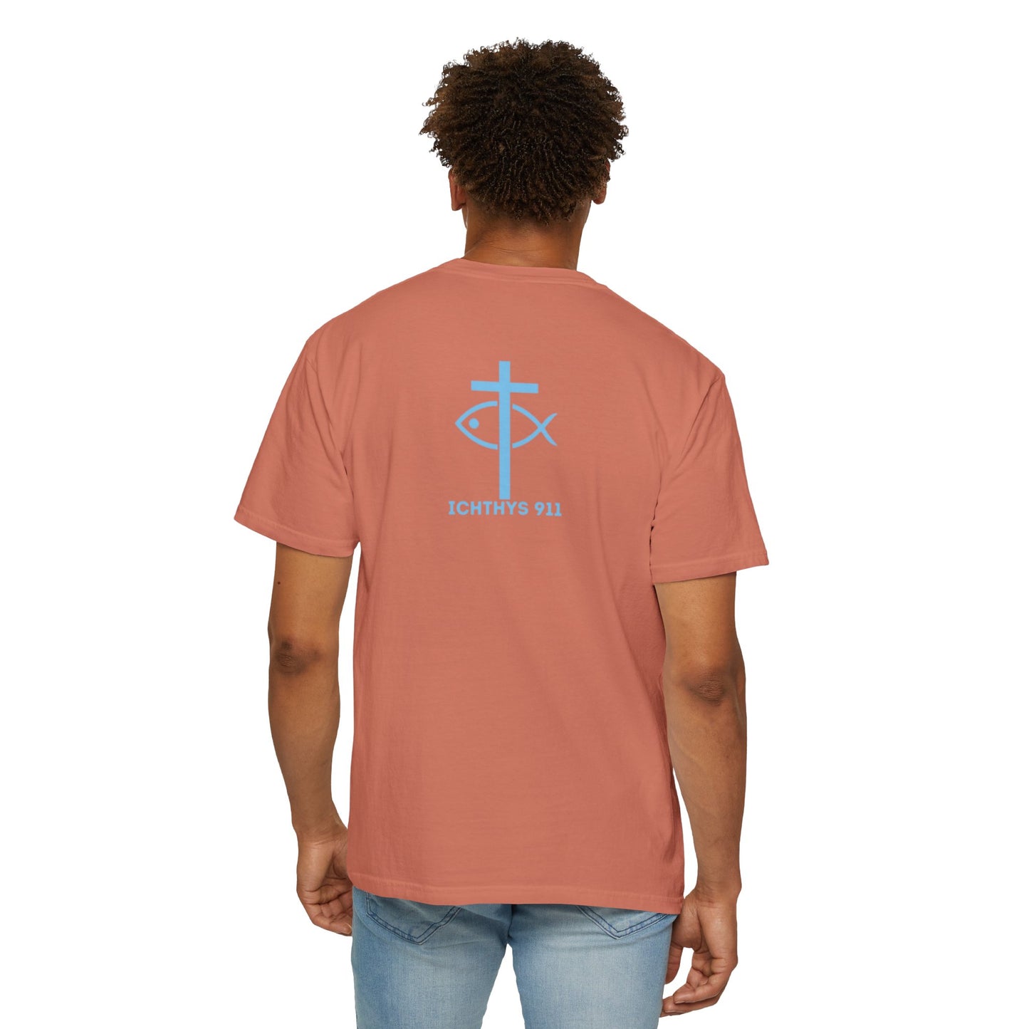 ICHTHYS 911 Blue Font "Iēsous Christos, Theou Yios, Sōtēr" - Reverse - Collection - Unisex - Christian Graphic Tee - Gym - T - Christian Faith - Jesus Wear - Women T-Shirt - Men T-Shirt