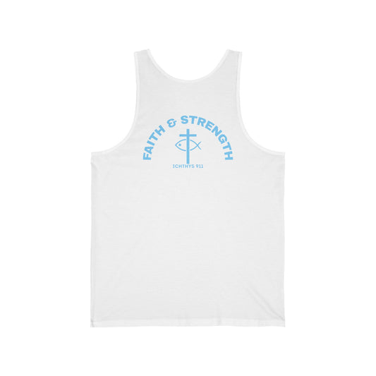 "Faith & Strength" Extra Light - Unisex - Men Tank - Women Tank - Jersey Tank - Casual Christian Symbol Graphic Tank Top - ICHTHYS 911 - Blue Font