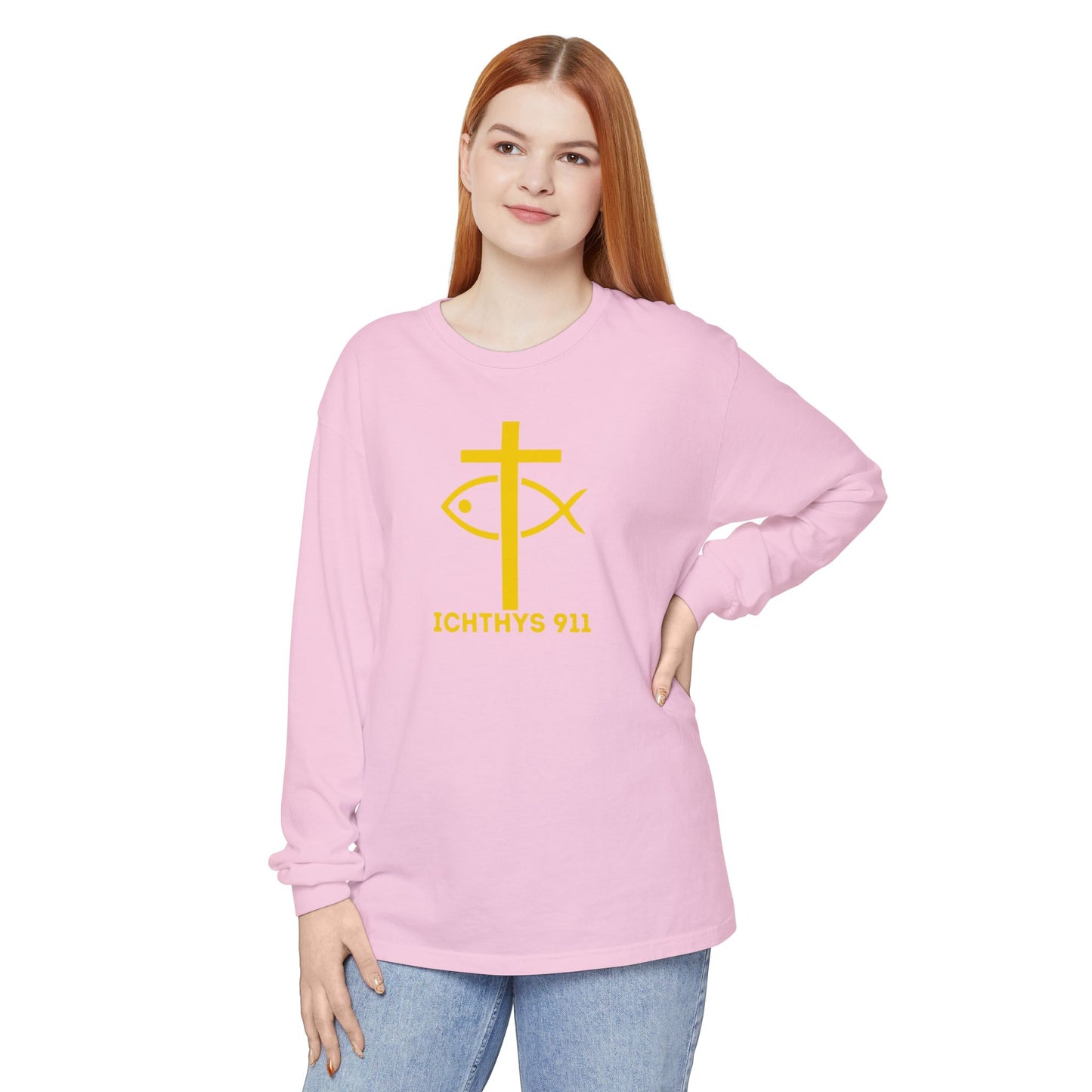 Authentic ICHTHYS 911 Collection -  Gold Font - Unisex Garment Dyed Long Sleeve T-Shirt - Men Long Sleeve - Women Long Sleeve - Christian Faith Symbol Tee - Faith Inspired