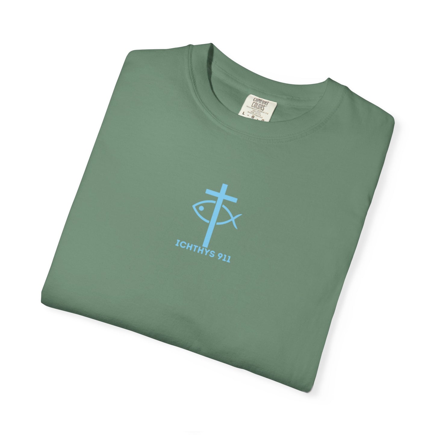 ICHTHYS 911 - Blue Font - Vendor - "Iēsous Christos, Theou Yios, Sōtēr" - Garment-Dyed Unisex T-Shirt - Men T-Shirt - Women T-Shirt - Christian Symbol - Greek - Faith Inspired -Christian Streetwear – Jesus Gym & Faith Fashion, Unisex Garment