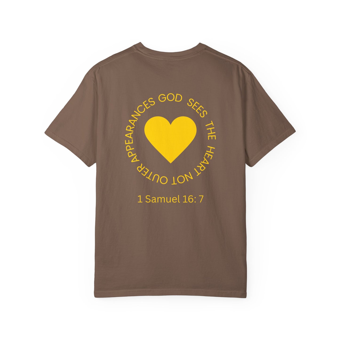 ICHTHYS 911 - "God Sees the Heart" Reverse' Gold Font - Unisex Garment - Dyed T-Shirt - 100% US Cotton - Men T-Shirt - Women T-Shirt - Inspirational Graphic T-Shirt for Everyday Motivation