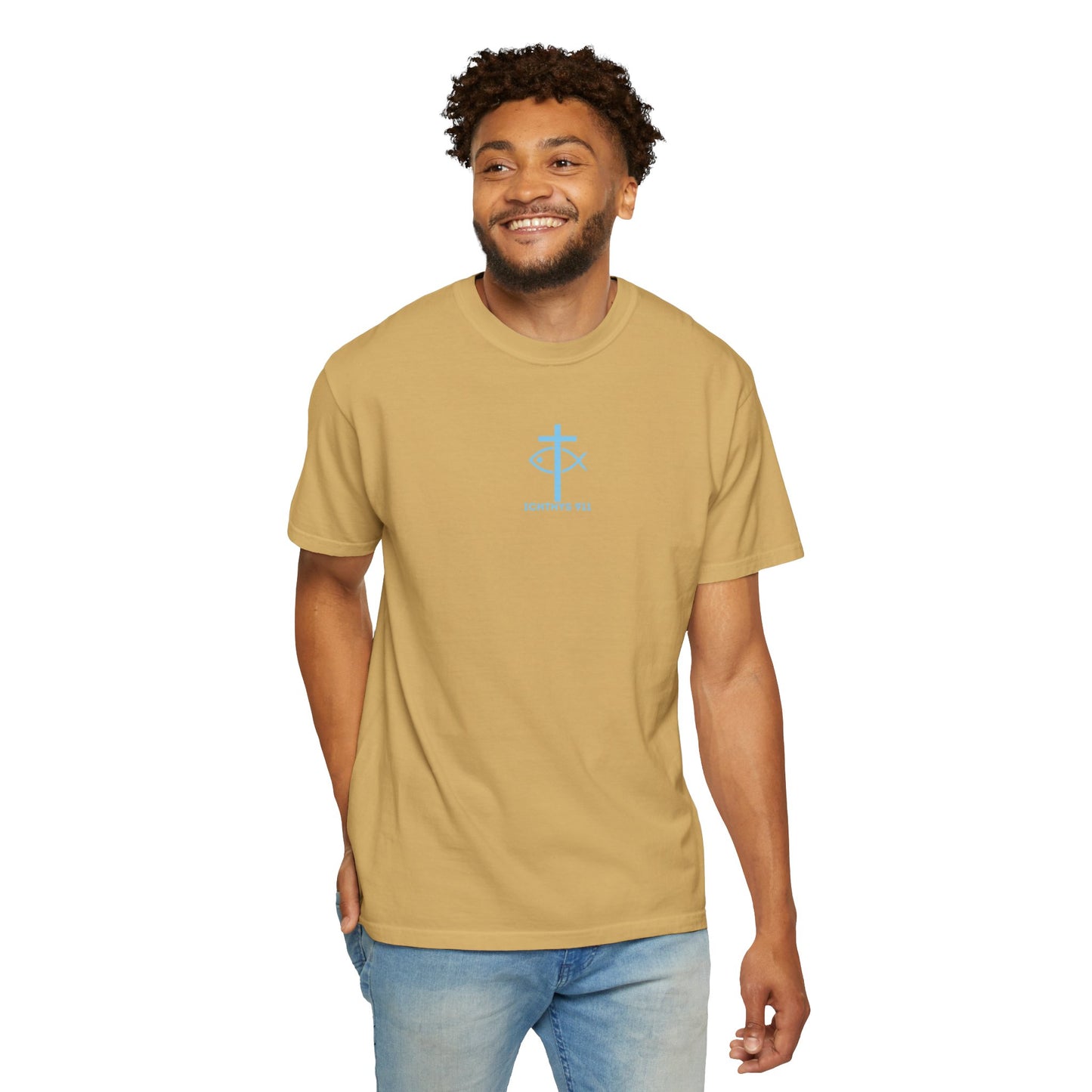 ICHTHYS 911 - Blue Font - Vendor - "Iēsous Christos, Theou Yios, Sōtēr" - Garment-Dyed Unisex T-Shirt - Men T-Shirt - Women T-Shirt - Christian Symbol - Greek - Faith Inspired -Christian Streetwear – Jesus Gym & Faith Fashion, Unisex Garment