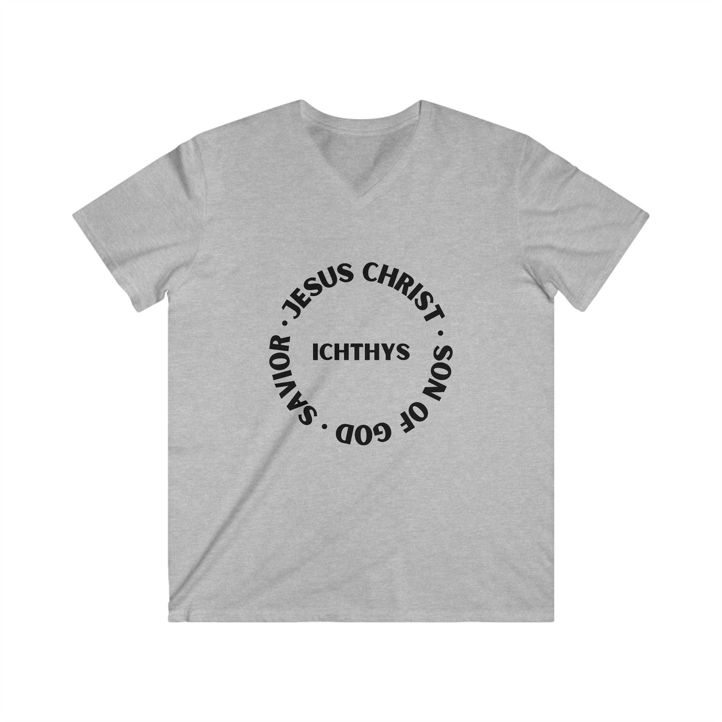 ICHTHYS 911 - Jesus Christ - Son of God - Savior Collection - Men's Fitted V-Neck Short Sleeve T - Shirt - Faith-Inspired - Christian Faith - Black Font