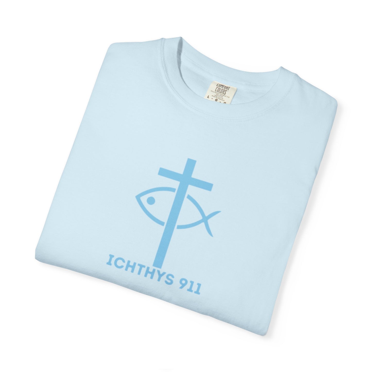 Iēsous Christos, Theou Yios, Sōtēr - Blue Font - Garment-Dyed Unisex T-Shirt - 100# US Cotton -Men T-Shirt - Women T-Shirt - Faith Inspired - Unisex Garment - ICHTHYS 911 - Blue Font - Heavy Duty Shirt