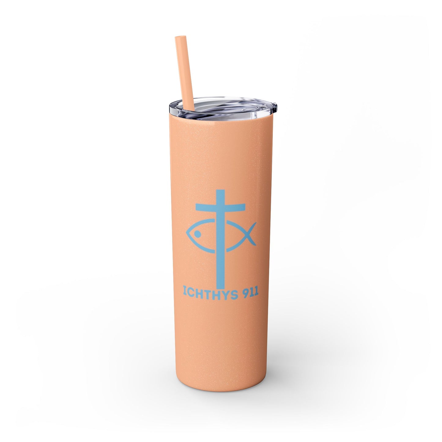 ICHTHYS 911 - Blue Font - Faith-Inspired Skinny Tumbler with Straw - 20oz Baby Shower Drip