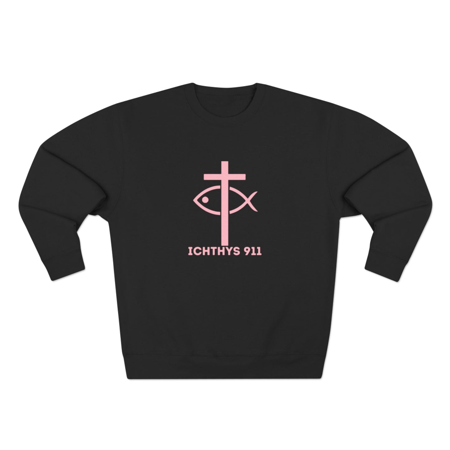 ICHTHYS 911 Minimal Pink Cross Crewneck Sweatshirt — Unisex -