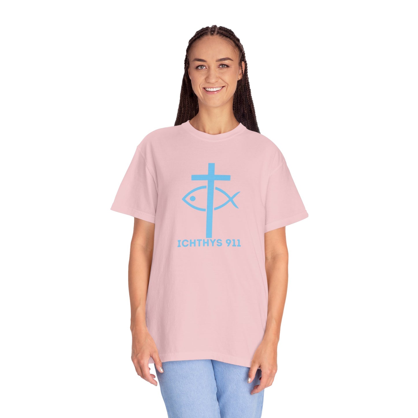 Jesus Christ Son of God Savior - Blue Font - Christian Streetwear T-Shirt – Jesus Gym & Faith Fashion, Unisex Garment-Dyed T-Shirt- ICHTHYS 911