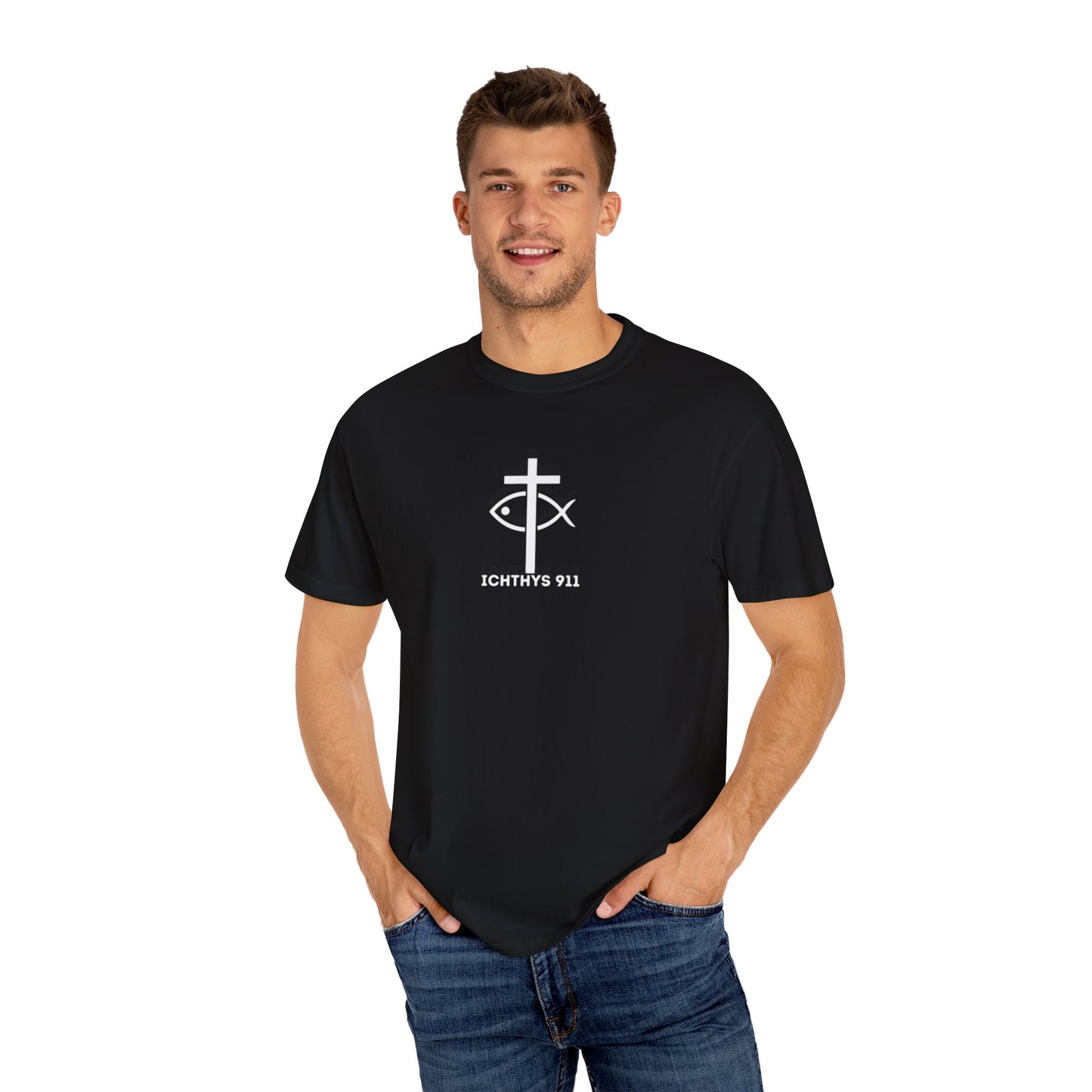 ICHTHYS 911 - Authentic - Christian Streetwear T-Shirt – Jesus Gym & Faith Fashion - Men T-Shirt - Women T-Shirt -Unisex Garment-Dyed T-Shirt Black Font