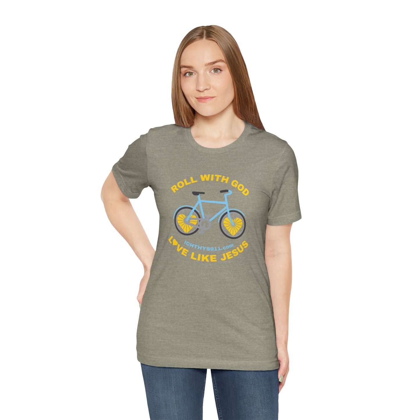 ICHTHYS 911 - "Roll With God Love Like Jesus" - Reverse Design - Unisex T- Shirt - Lightweight 100% Cotton - Summer T - Arm Form Fitting - Men T- Shirt - Women T-Shirt - Christian T-Shirt - Love Like Jesus