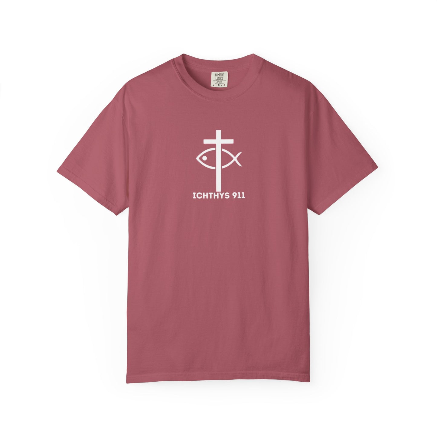 ICHTHYS 911 - White Font "Faith, Hope, & Love" - Garment Dyed - 100% US Cotton - Unisex T-Shirt - Men T-Shirt - Christian Women Tee - Faith-Inspired Shirt - Christian Fashion - Wear Your
