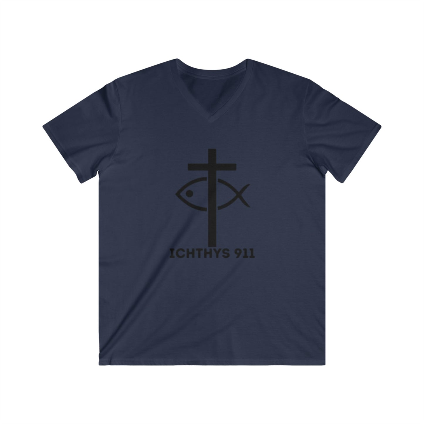 Authentic Round Collection - Men's Fitted V-Neck Short Sleeve T - Shirt - Faith-Inspired - Christian Faith - Black Font-  ICHTHYS 911