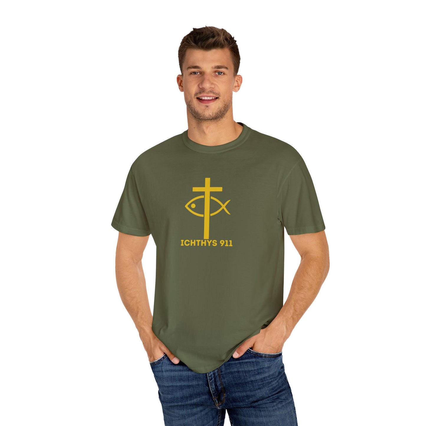 "Jesus Christ Son of God Savior" - Gold Font - Unisex Garment Dyed T- Shirt - Men T-Shirt - Women T-Shirt - Christian Streetwear T-Shirt – Jesus Gym & Faith Fashion,ICHTHYS 911 -
