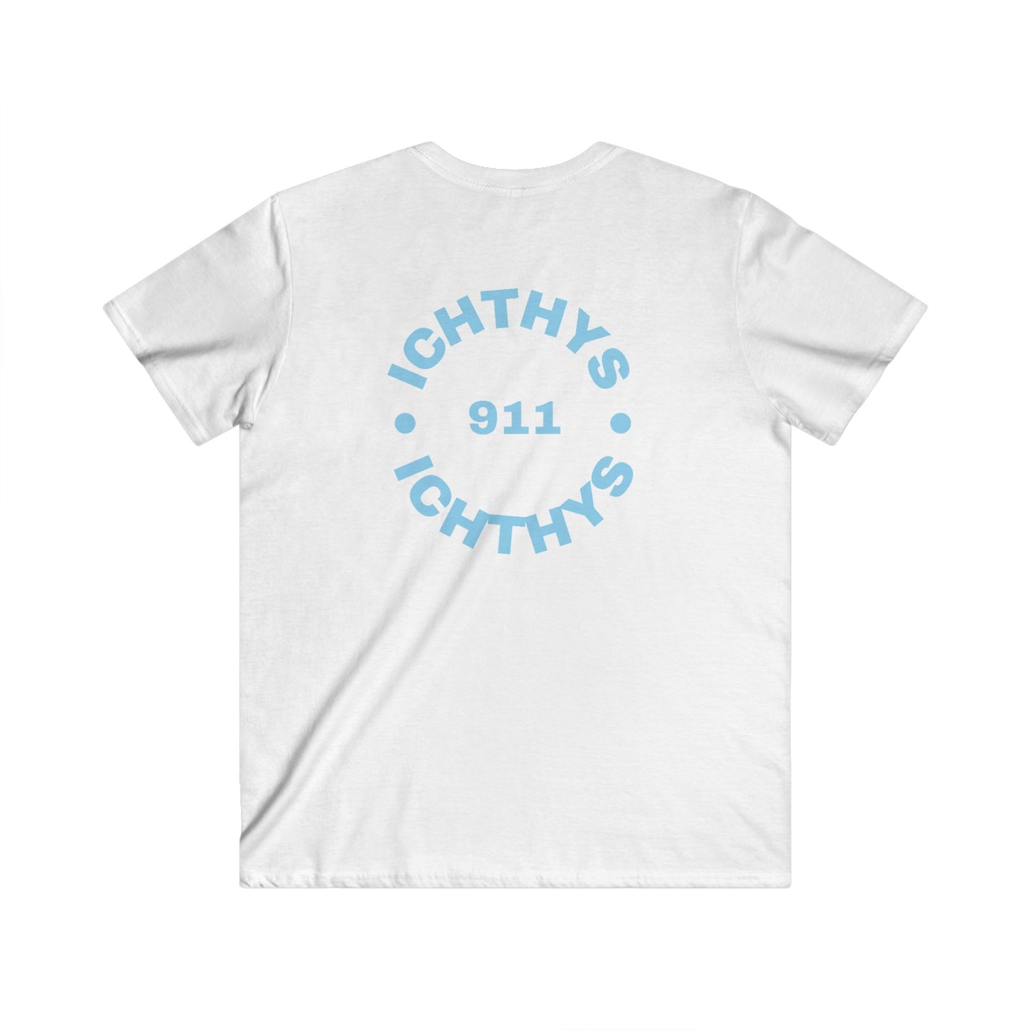 ICHTHYS 911 - Blue Font - "IC Round" - Men's Fitted V-Neck Tee - Casual Comfort for Everyday Wear - Casual T-Shirt - Soft Shirt - Faith Wear