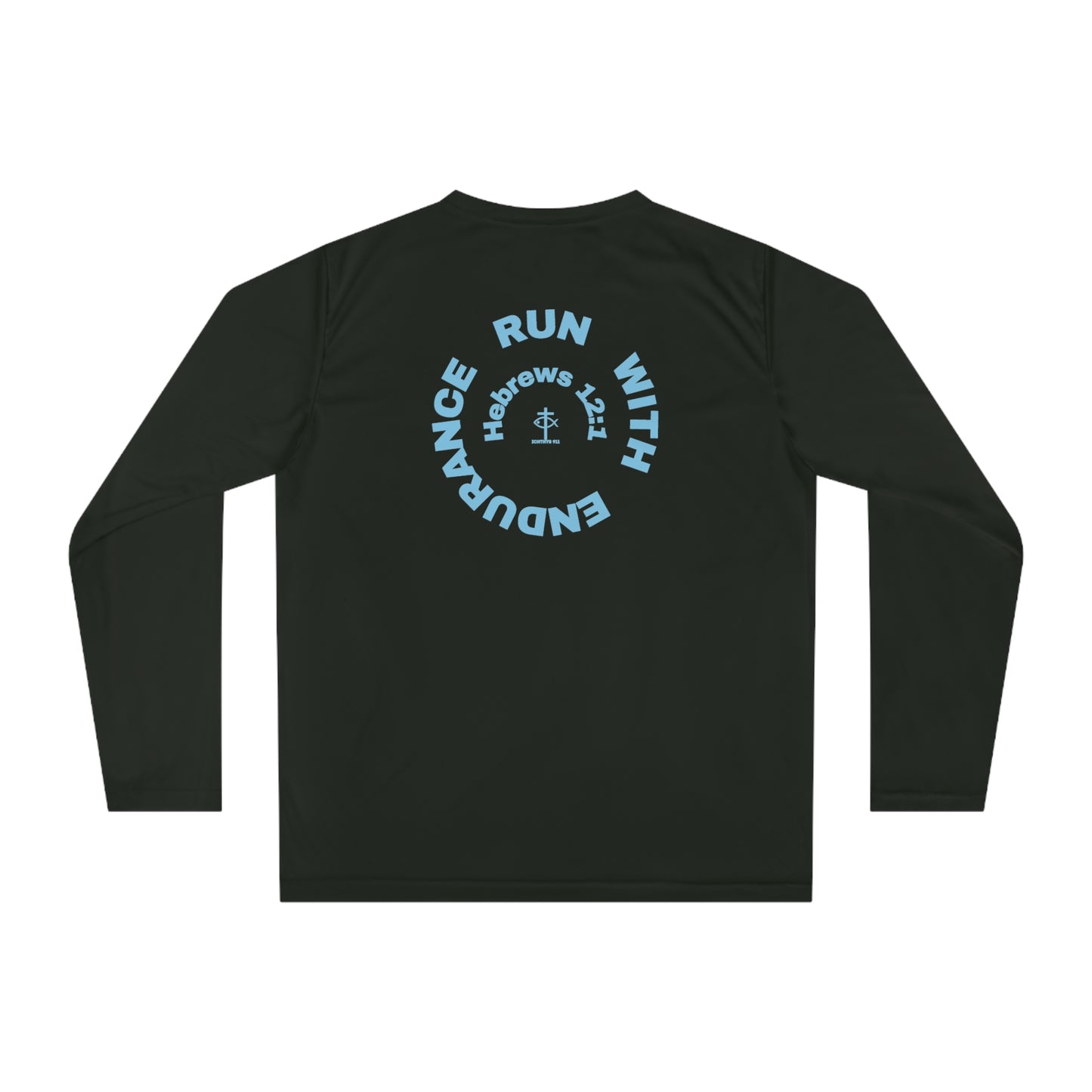 ICHTHYS 911 - Blue Font "Run with Endurance Hebrew 12:1" Reverse Unisex Performance Long Sleeve Shirt - ICHTHYS 911 Christian Activewear