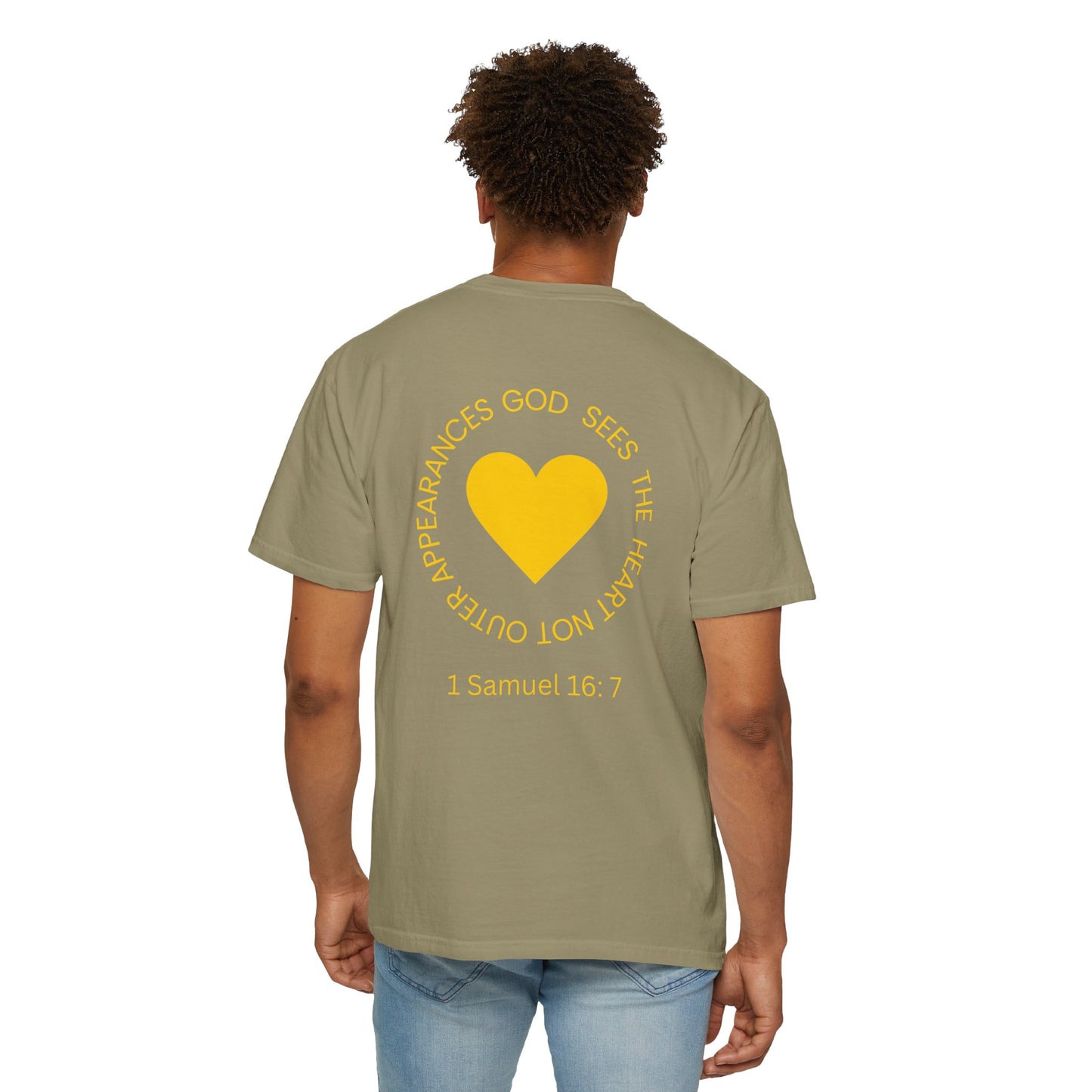 ICHTHYS 911 - "God Sees the Heart" Reverse' Gold Font - Unisex Garment - Dyed T-Shirt - 100% US Cotton - Men T-Shirt - Women T-Shirt - Inspirational Graphic T-Shirt for Everyday Motivation