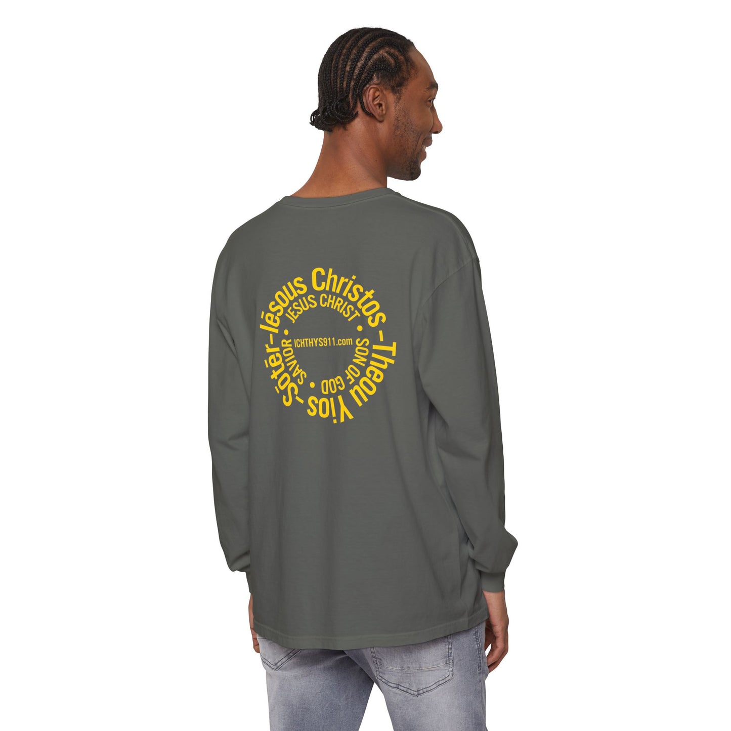 Authentic ICHTHYS 911 Collection -  Gold Font - Unisex Garment Dyed Long Sleeve T-Shirt - Men Long Sleeve - Women Long Sleeve - Christian Faith Symbol Tee - Faith Inspired