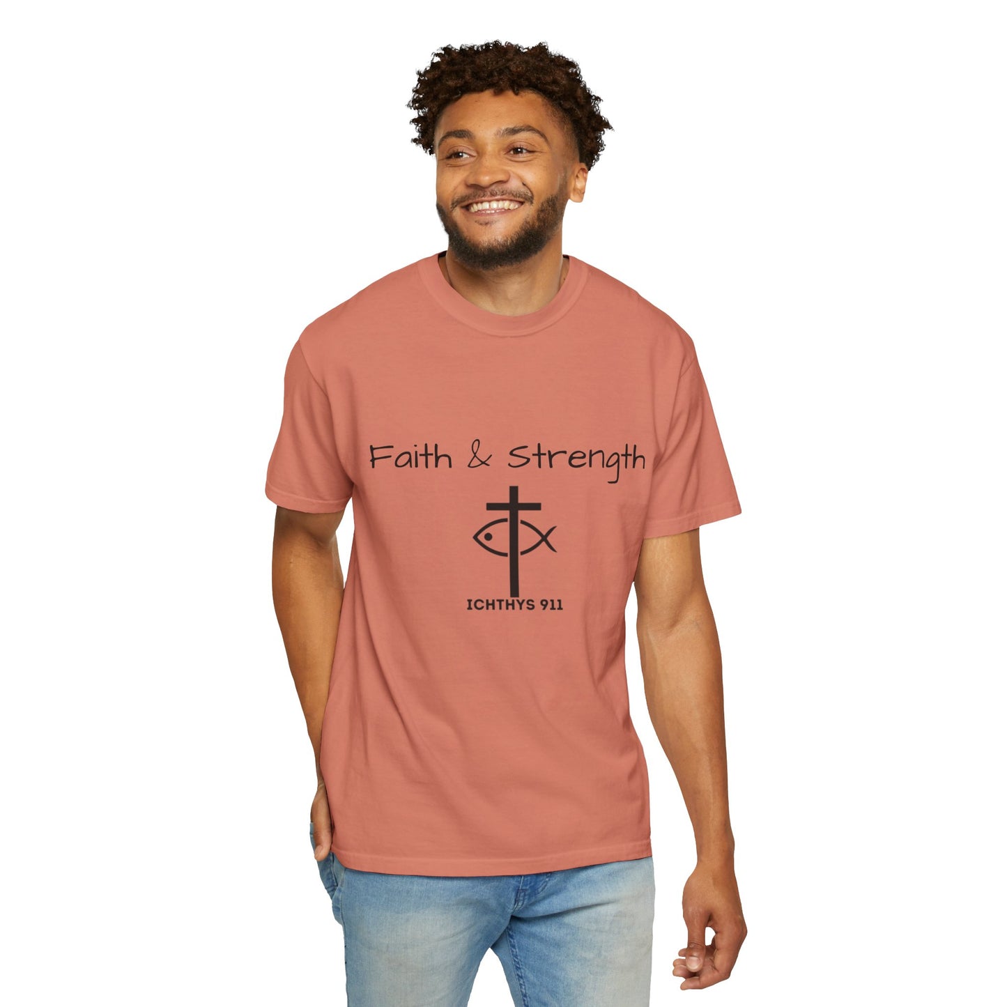 ICHTHYS 911 "Faith & Strength" Reverse - Black Font - Unisex Garment -Dyed Tee - 100% US Cotton - Men T-Shirt - Women T-Shirt - Inspirational Christian Shirt - Very Good Quality and Feel