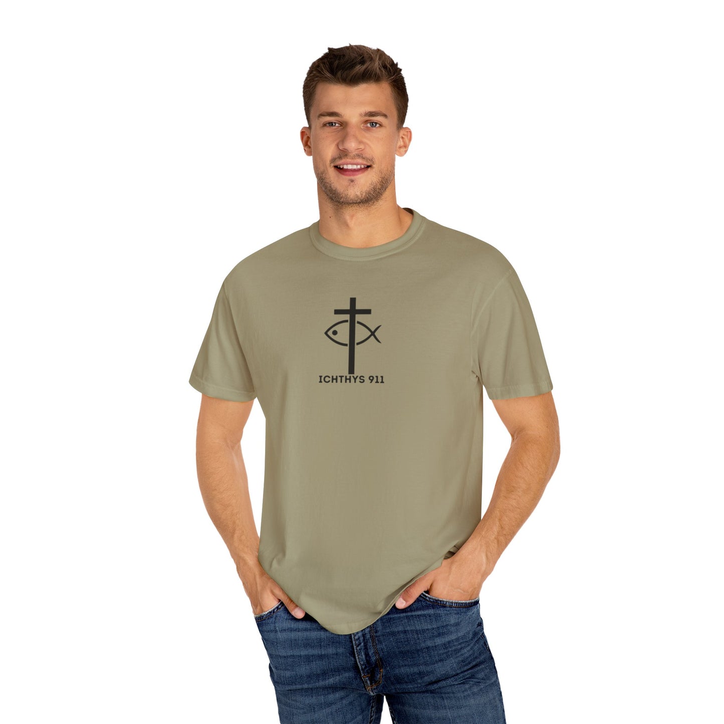 ICHTHYS 911 - Authentic - Christian Streetwear T-Shirt – Jesus Gym & Faith Fashion - Men T-Shirt - Women T-Shirt -Unisex Garment-Dyed T-Shirt Black Font