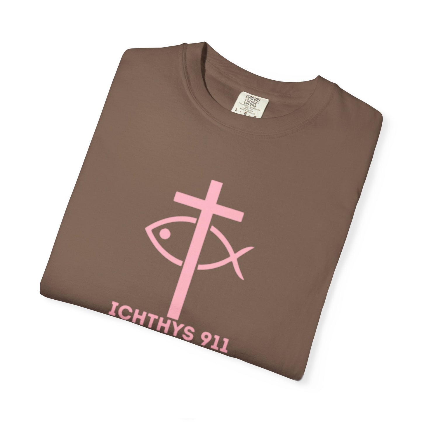 ICHTHYS 911 - Authentic - Christian Streetwear T-Shirt – Jesus Gym & Faith Fashion, Unisex Garment-Dyed T-Shirt Soft Pink Font