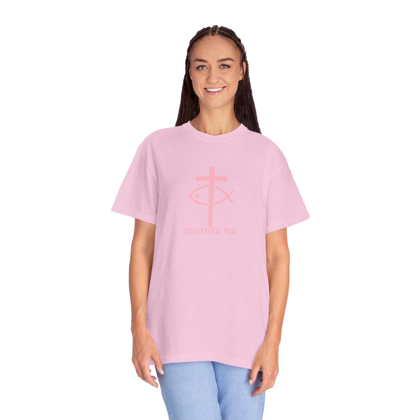 ICHTHYS 911 - Authentic - Christian Streetwear T-Shirt / Sweatshirt – Jesus Gym & Faith Fashion, Unisex Garment-Dyed T-Shirt Soft Pink Font