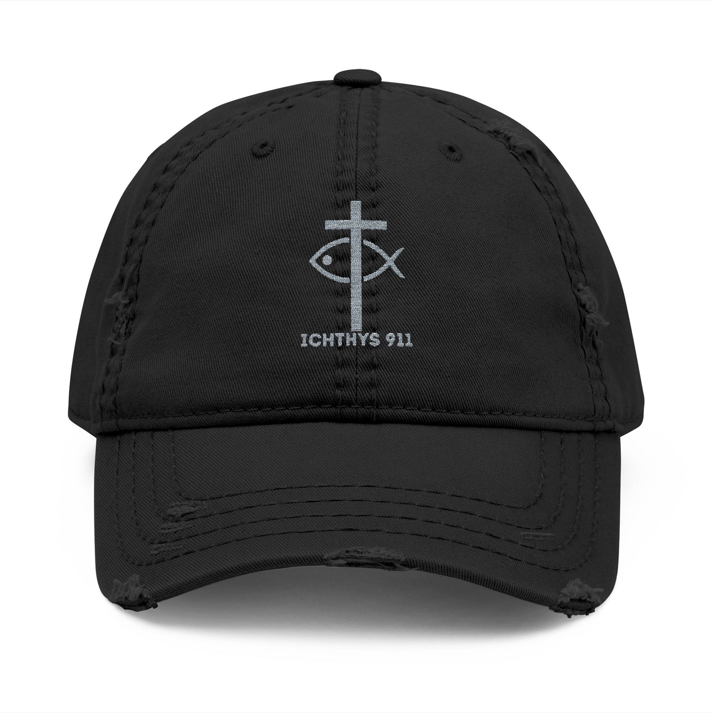 ICHTHYS 911 Embroidered Design - Distressed Hat with Casual Fashion - Accessory for Everyday Wear - ICHTHYS 911 Collection - This hat is very soft - Short stance - Everyone is loving this hat