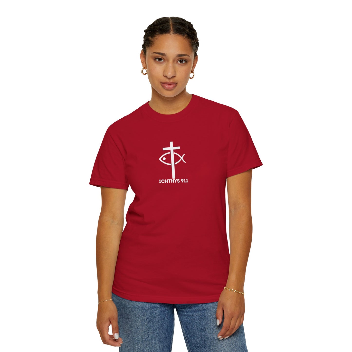 ICHTHYS 911 - White Font "Authentic" - Christian Streetwear T-Shirt – Unisex - Women T-Shirt - Men T-Shirt - Jesus Gym & Faith Fashion, Unisex Garment-Dyed T-Shirt