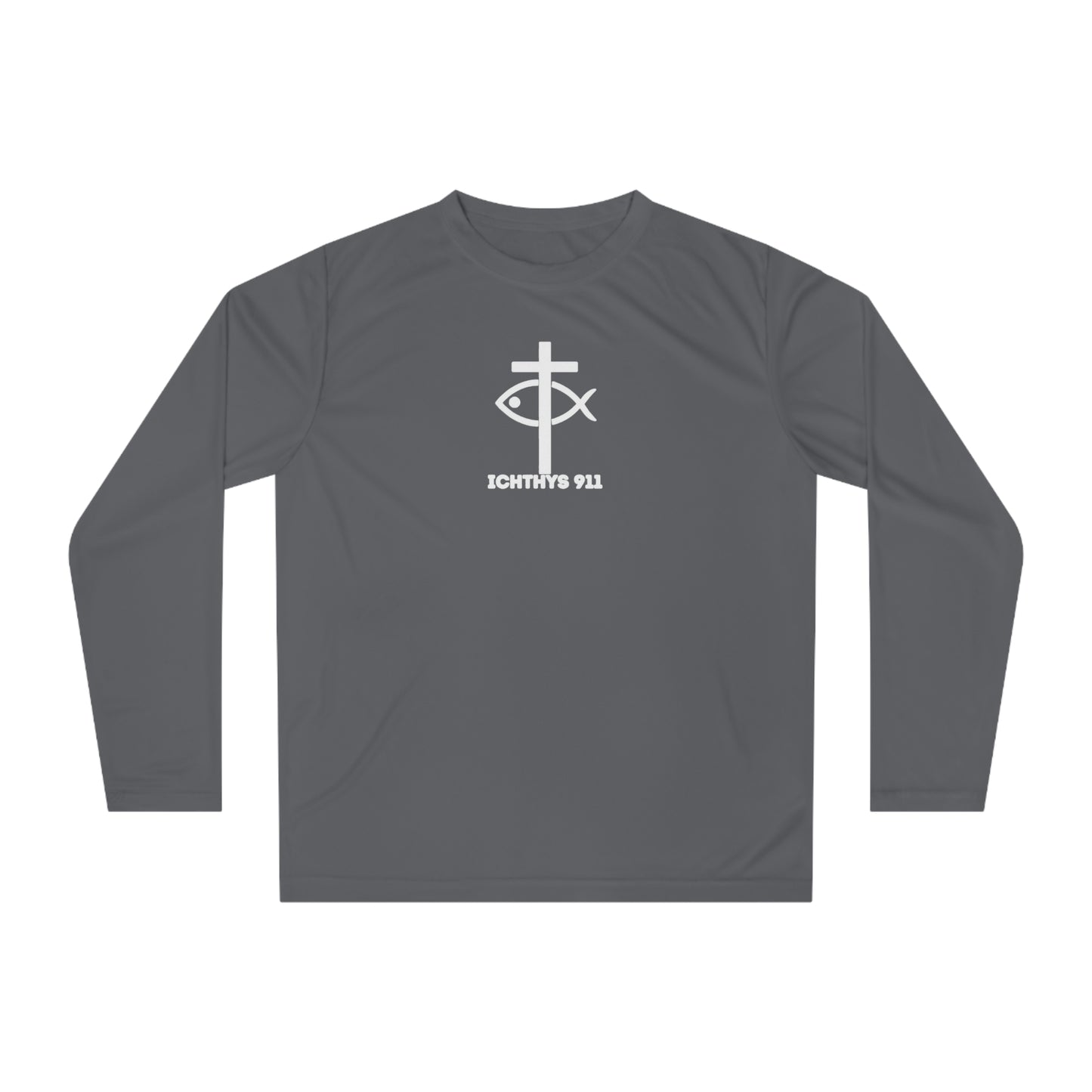 ICHTHYS 911 "Faith & Strength" White Font - Unisex Performance Long Sleeve Shirt - Christian Activewear - Men - Women -100% Moisture-Wicking Poly