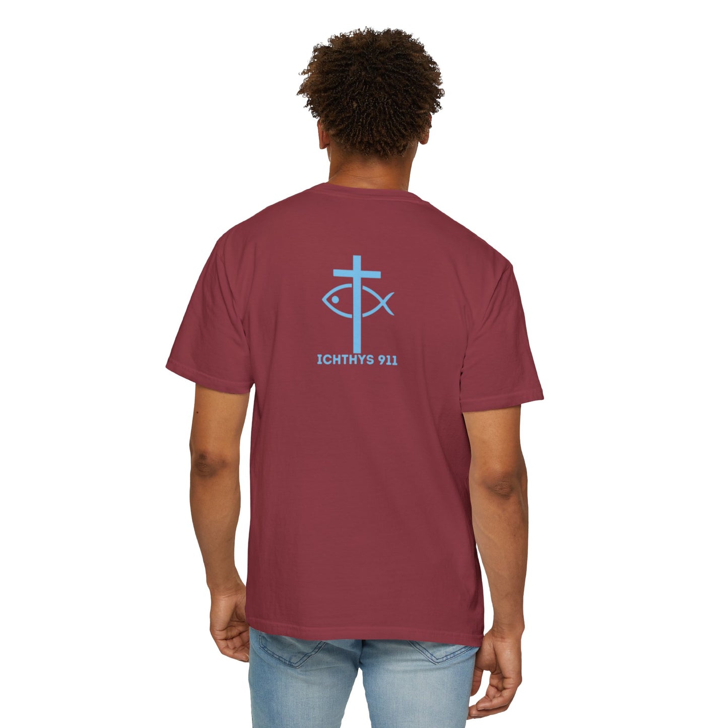 ICHTHYS 911 Blue Font "Iēsous Christos, Theou Yios, Sōtēr" - Reverse - Collection - Unisex - Christian Graphic Tee - Gym - T - Christian Faith - Jesus Wear - Women T-Shirt - Men T-Shirt