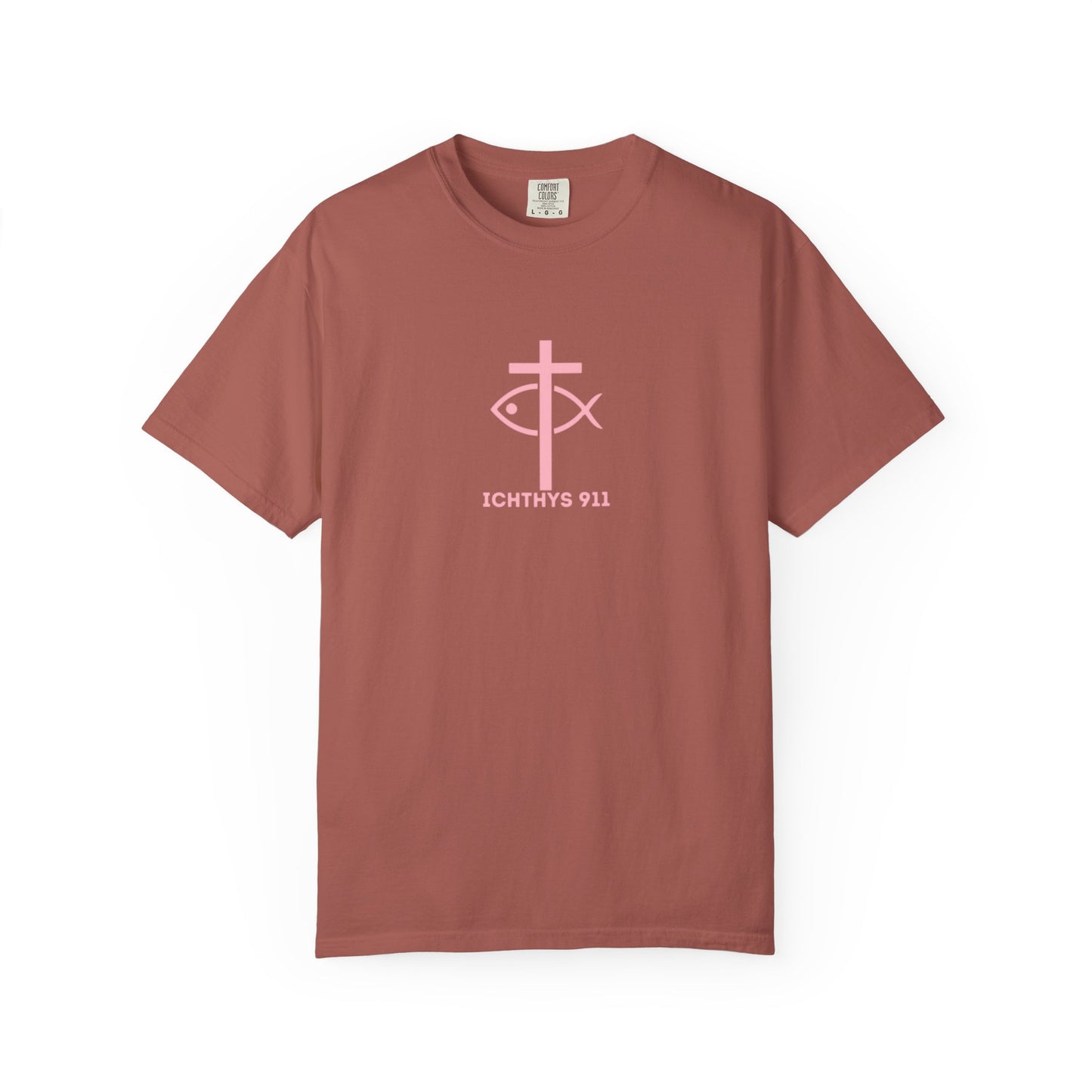 ICHTHYS 911 "Strength Through Christ Philippians 4:13" - Pink Font - Unisex Garment Dyed T-Shirt - 100% US Cotton -Men T-Shirt - Women T-Shirt - Christian Activewear - Wear Your Faith - T-Shirt