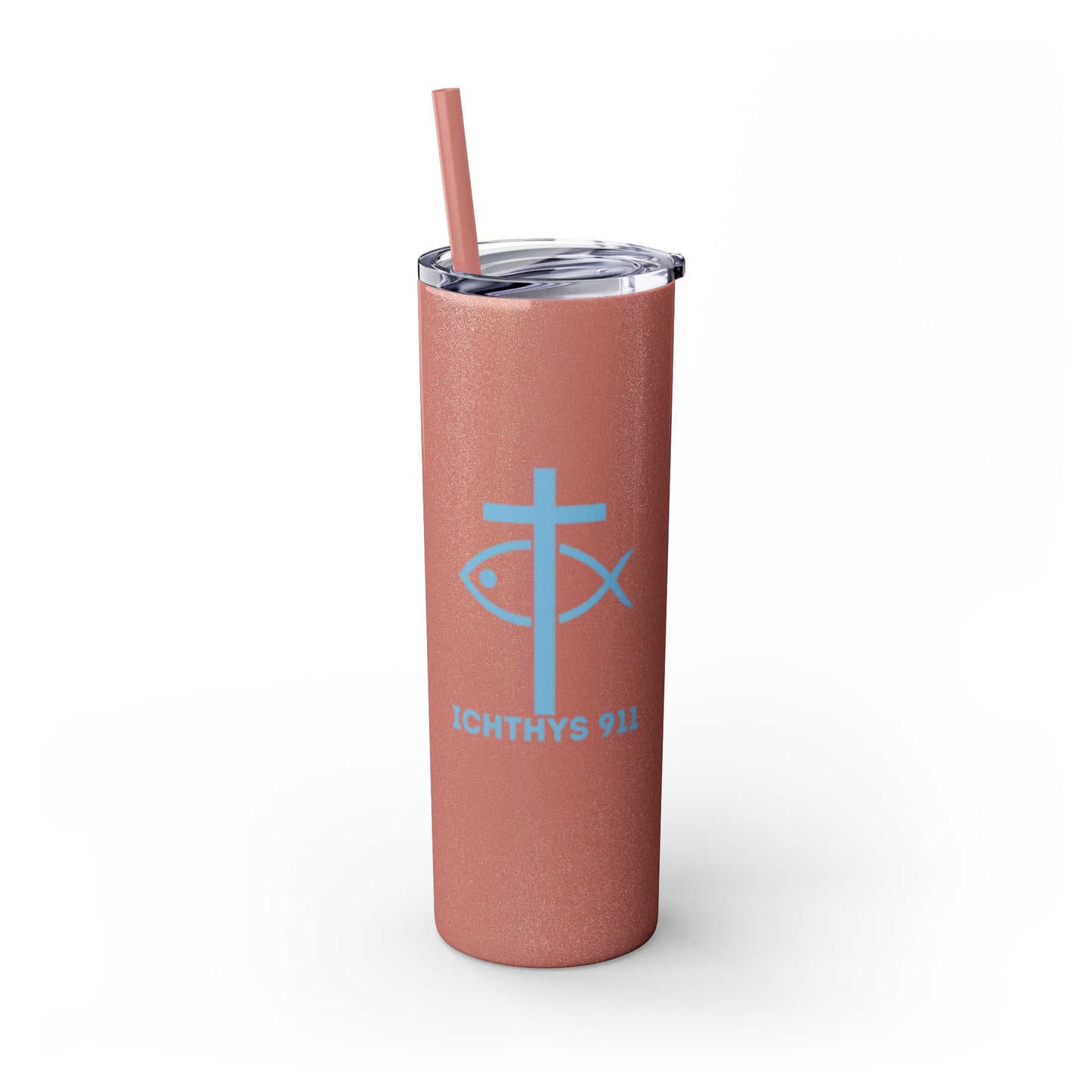 ICHTHYS 911 - Blue Font - Faith-Inspired Skinny Tumbler with Straw - 20oz Baby Shower Drip