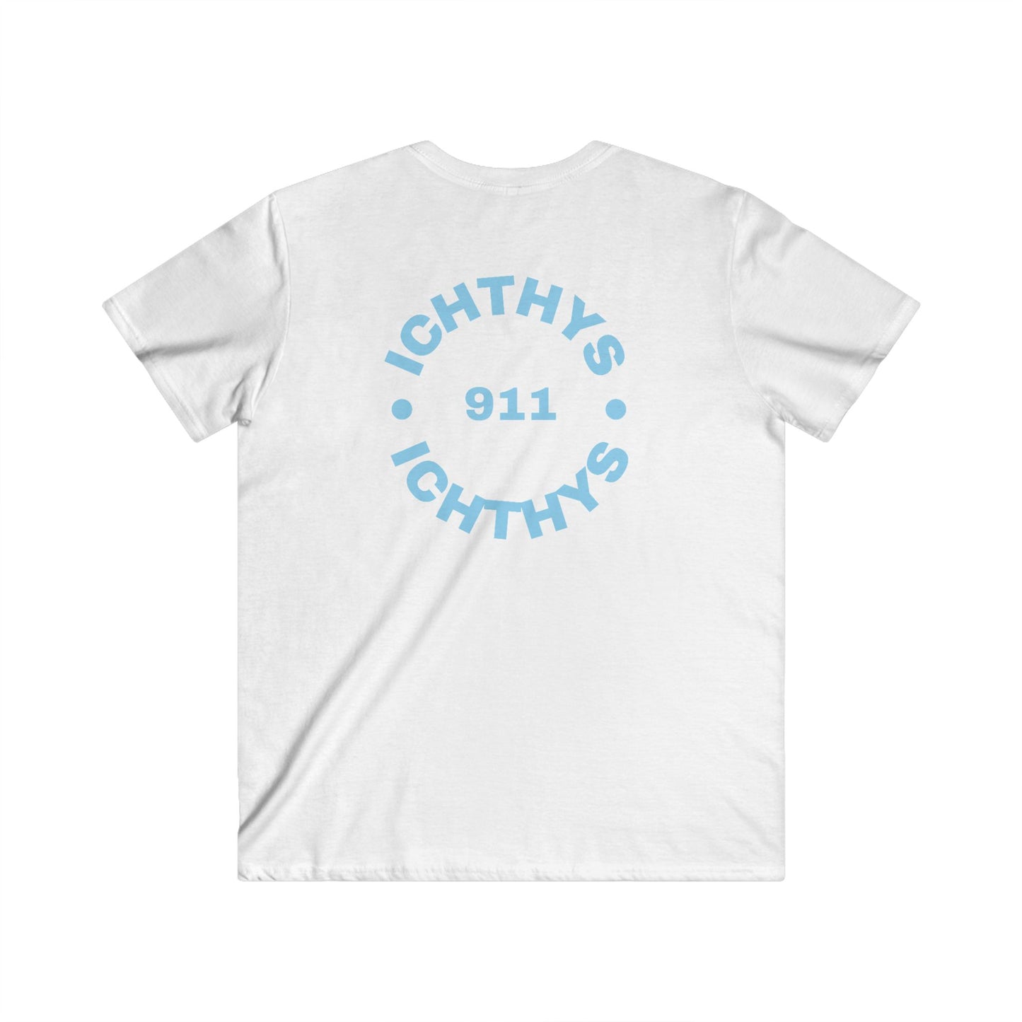 ICHTHYS 911 - White Font - "IC Round" - Men's Fitted V-Neck Tee - Casual Comfort for Everyday Wear - Casual T-Shirt - Soft Shirt - Faith Wear