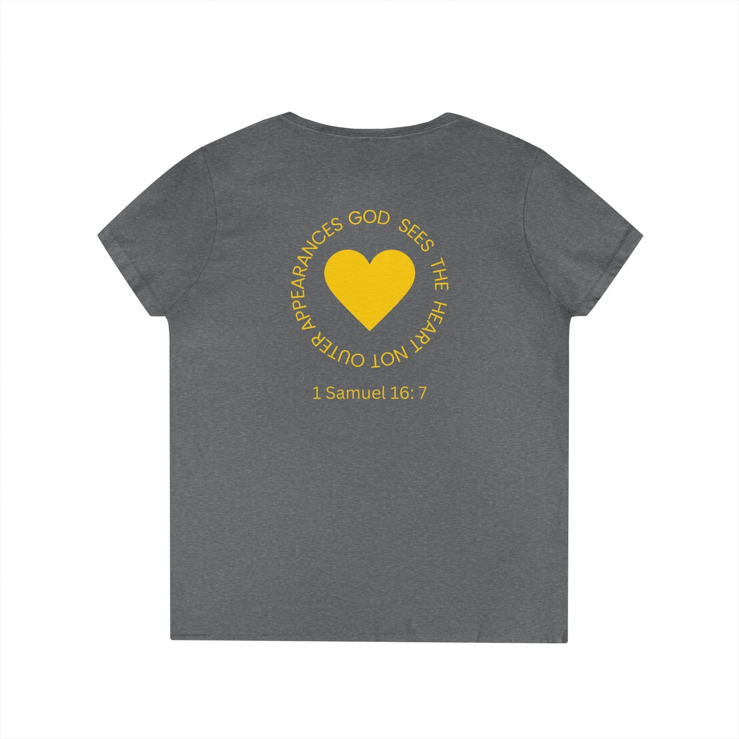 God Sees The Heart Gold Font Women’s Faith-Inspired V-Neck T-Shirt - ICHTHYS 911 Design911 Design