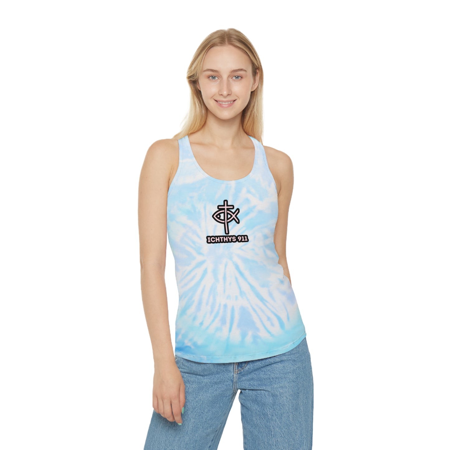 Women Tie Dye Tank Top - ICHTHYS 911 Summer Vibes Racerback Shirt. Be bold in your walk. Be known by your faith. Represent the movement.