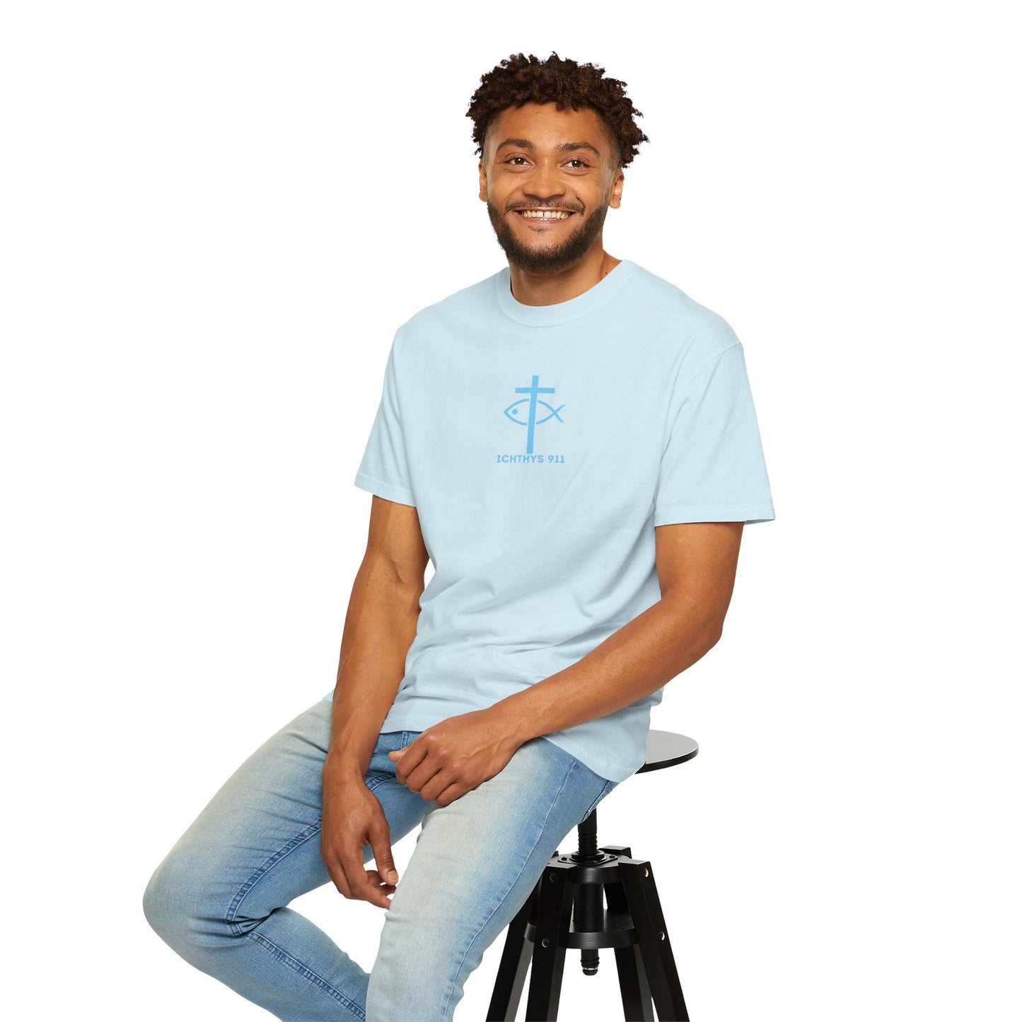ICHTHYS 911 - "Jesus Christ Son of God Savior" Blue Font - Christian Streetwear T-Shirt – Jesus Gym & Faith Fashion, Unisex Garment-Dyed T-Shirt Blue Font