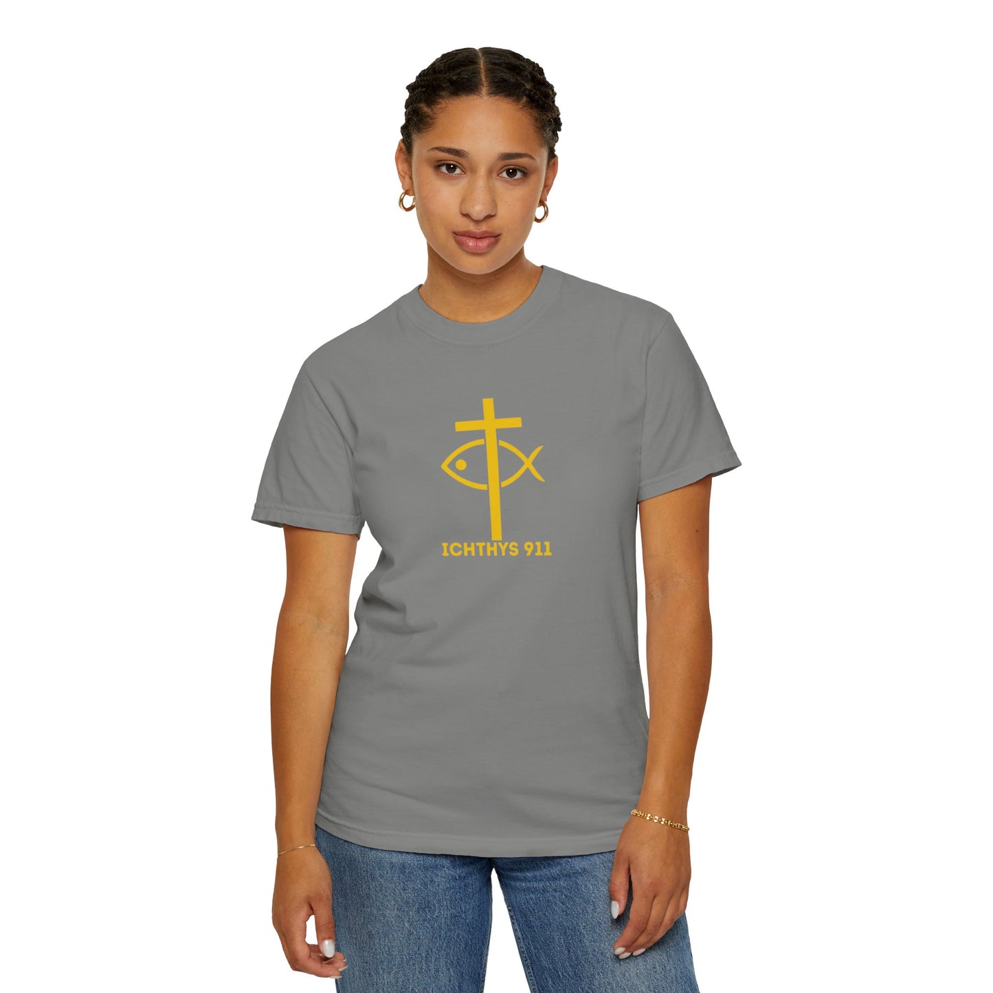 ICHTHYS 911 Gold Font "Faith, Hope, & Love" - Unisex Garment Dyed T-Shirt - 100# US Cotton - Men T-Shirt - Women T-Shirt - Christian T- Shirt -Faith-Inspired Shirt - Christian Fashion - Wear Your Faith