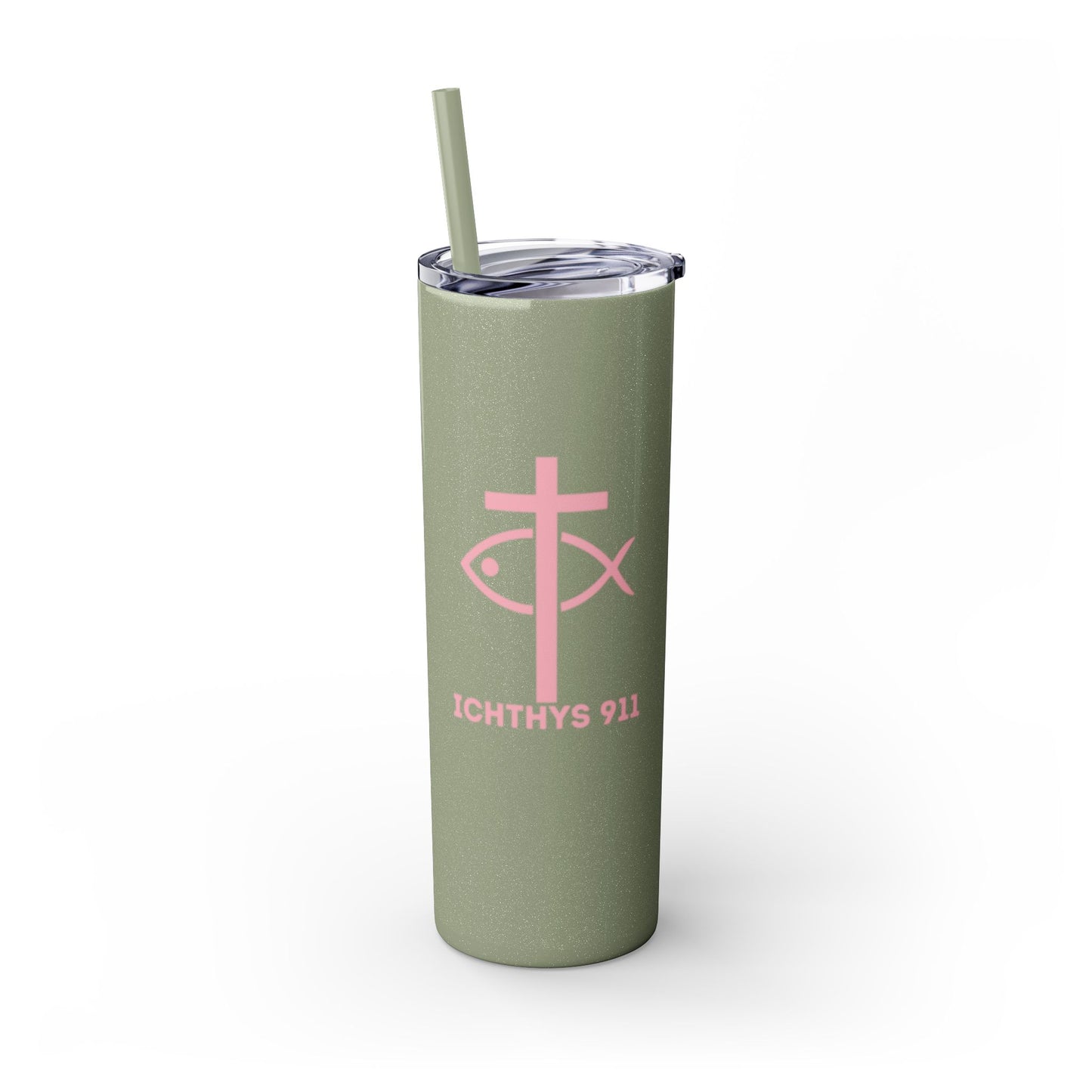 ICHTHYS 911 Pink & Blue Faith-Inspired Skinny Tumbler with Straw - 20oz Baby Shower Drip - Party Favor
