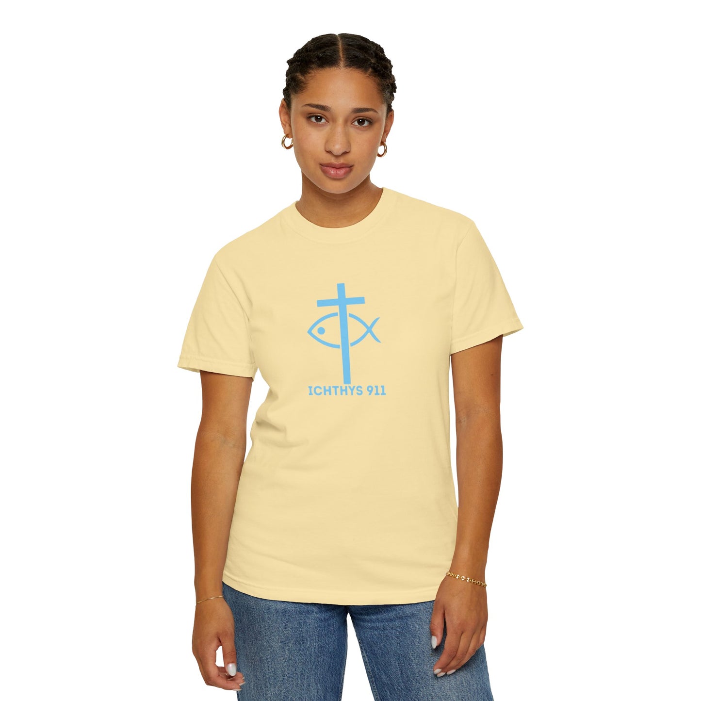Jesus Christ Son of God Savior - Blue Font - Unisex Garment Dyed T- Shirt - Men T-Shirt - Women T-Shirt - Christian Streetwear T-Shirt – Jesus Gym & Faith Fashion - ICHTHYS 911
