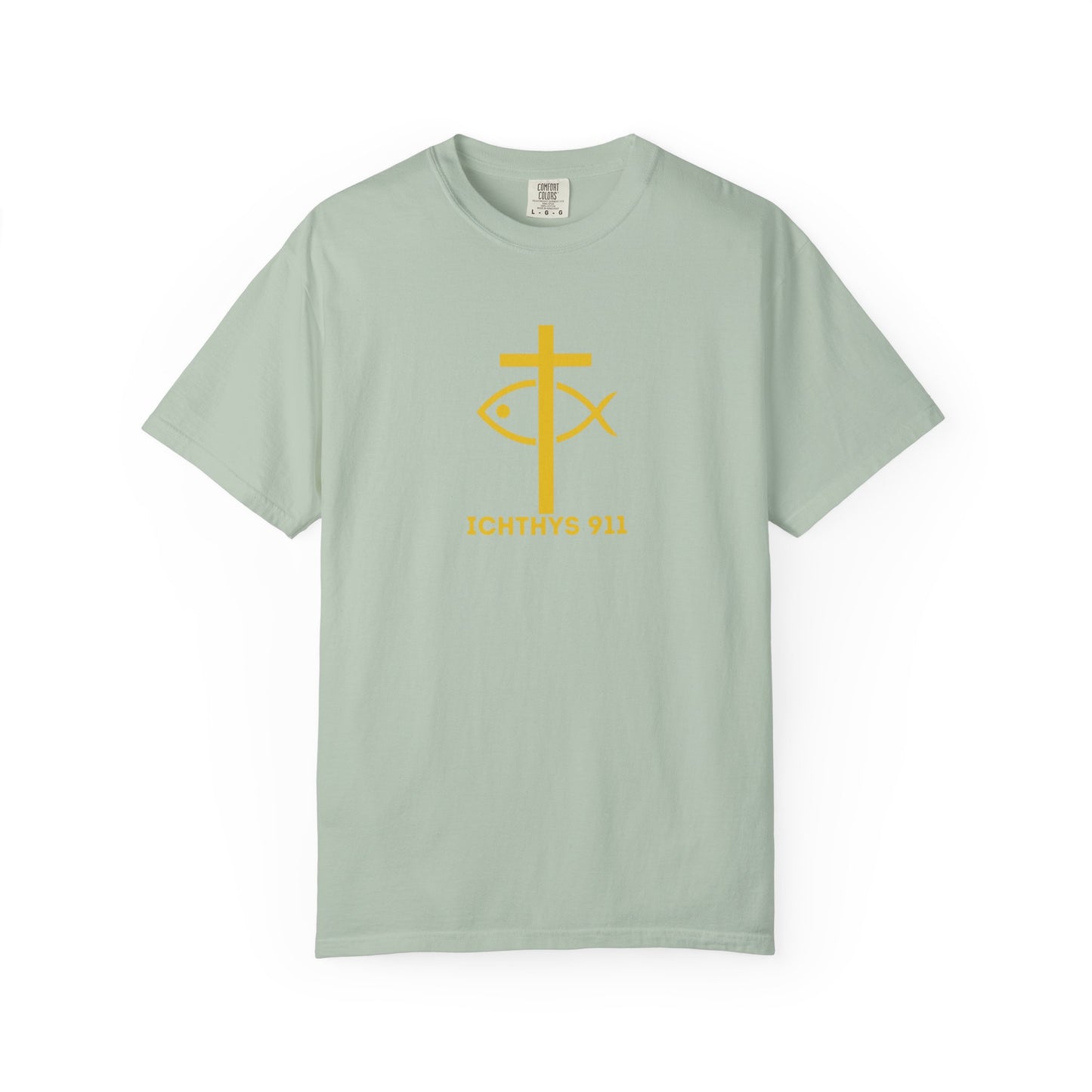 ICHTHYS 911 - "Jesus Christ Son of God Savior" - Gold Font - Unisex Garment Dyed T- Shirt - Men T-Shirt - Women T-Shirt - Christian Streetwear T-Shirt – Jesus Gym & Faith Fashion