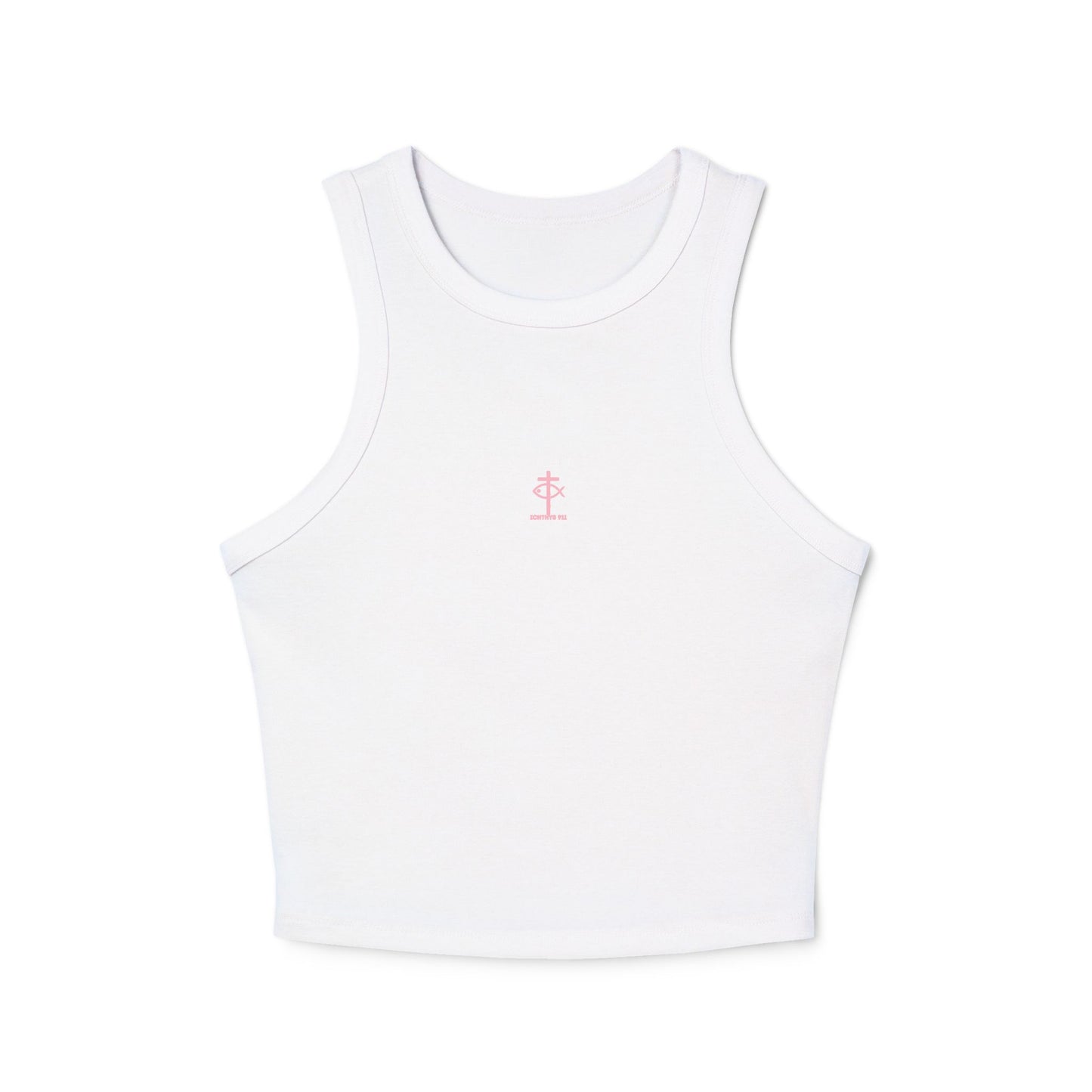 ICHTHYS 911 - Pink & Black Font "Iēsous Christos, Theou Yios, Sōtēr" - Faith-Inspired Women's Micro Rib Racer Tank Top - Cute Jesus Christ Design - Women Tank - Christian - Work Out