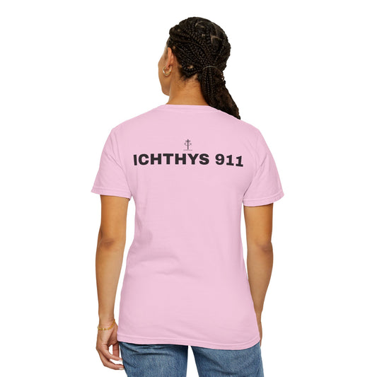 ICHTHYS 911 - Authentic - Christian Streetwear T-Shirt – Jesus Gym & Faith Fashion - Men T-Shirt - Women T-Shirt -Unisex Garment-Dyed T-Shirt Black Font