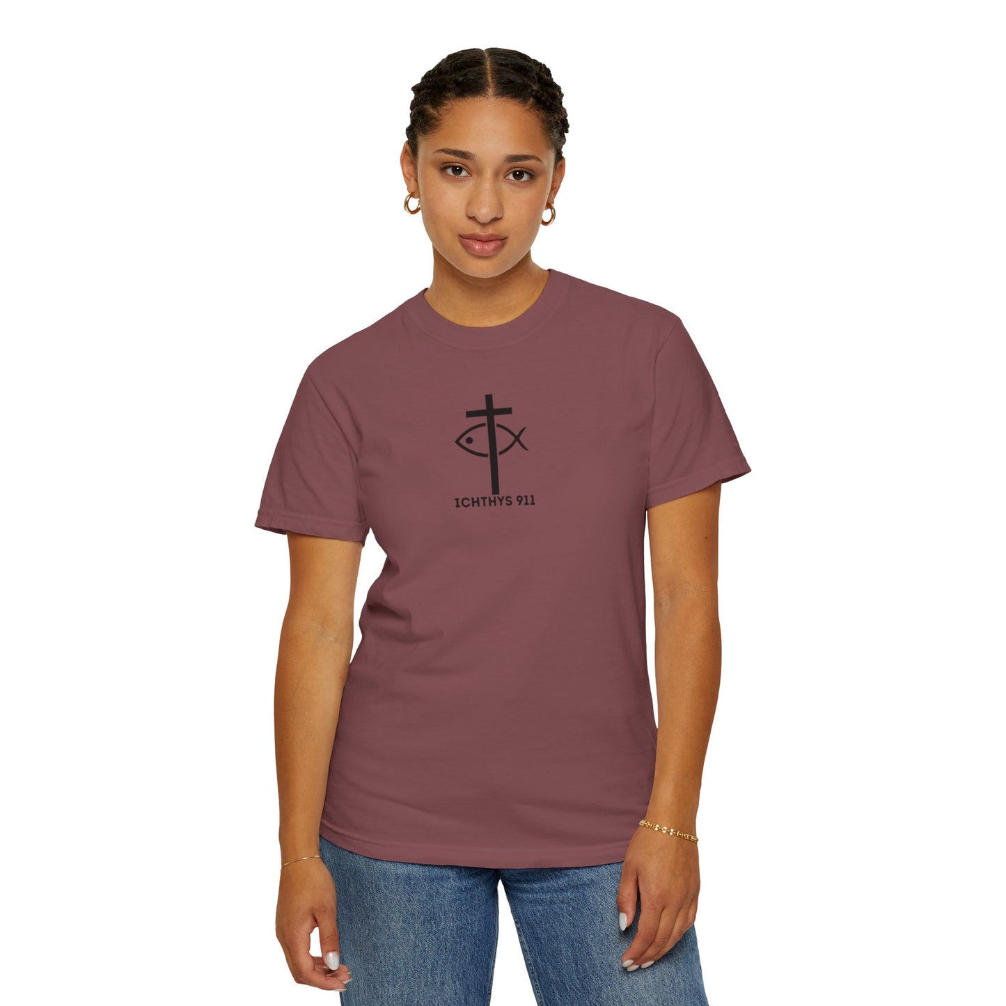ICHTHYS 911 Black Font - "Run With Endurance Hebrews 12:1" - Unisex Garment Dyed T-Shirt -100% US Cotton - Men T-Shirt - Women T-Shirt - Bible Verse - Christian Faith - Christian Workout