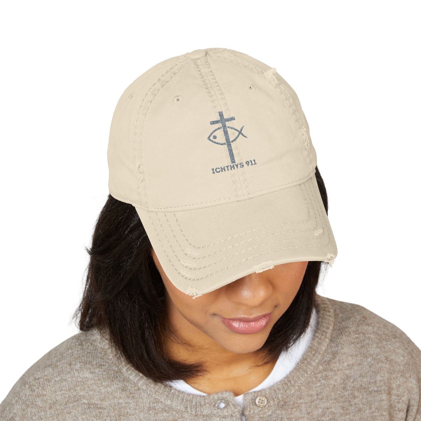 ICHTHYS 911 Embroidered Design - Distressed Hat with Casual Fashion - Accessory for Everyday Wear - ICHTHYS 911 Collection - This hat is very soft - Short stance - Everyone is loving this hat
