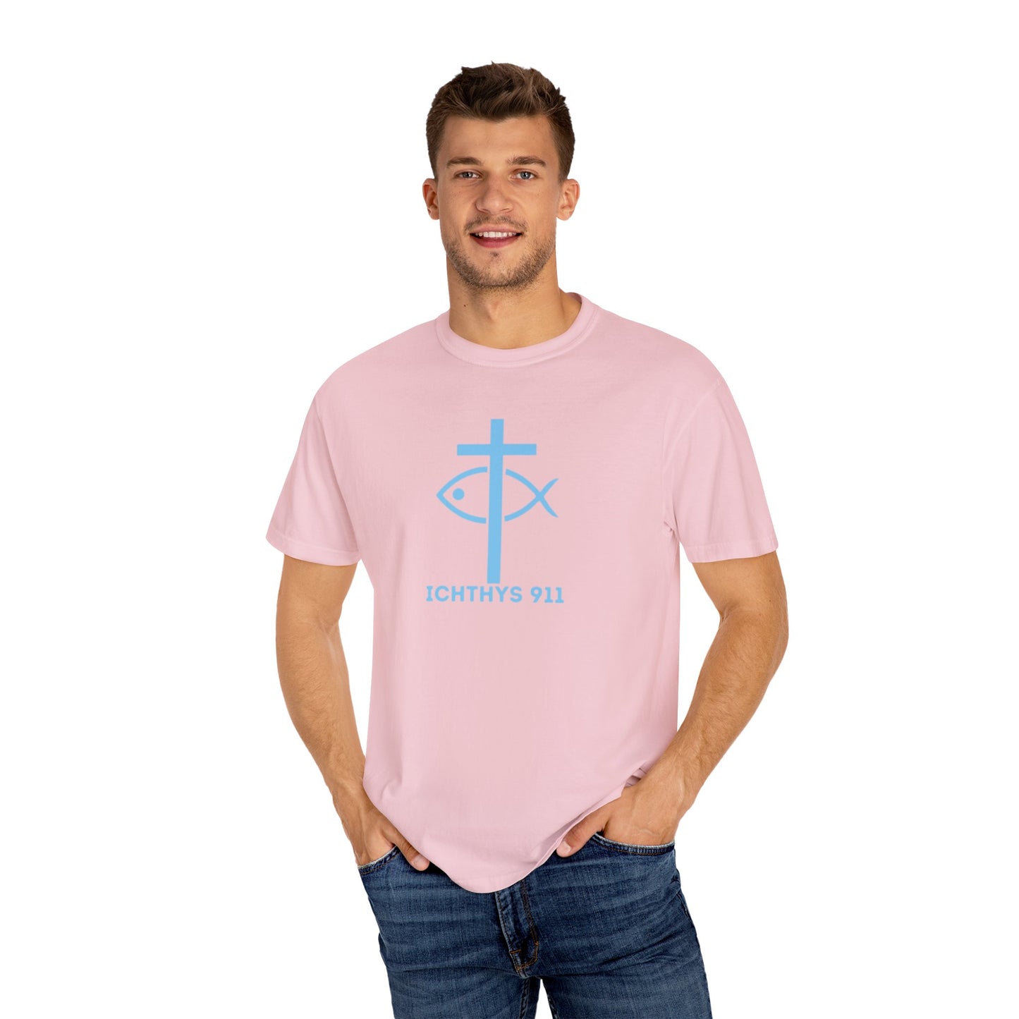 Iēsous Christos, Theou Yios, Sōtēr - Blue Font - Garment-Dyed Unisex T-Shirt - Men T-Shirt - Women T-Shirt - Christian Symbol - Greek - Faith Inspired -Christian Streetwear – Jesus Gym & Faith Fashion, Unisex Garment -ICHTHYS 911 - Additional Colors
