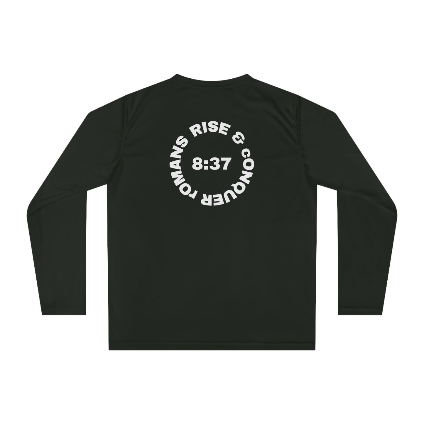 ICHTHYS 911 "Rise & Conquer Romans 8:38"  White Font - Unisex Performance Long Sleeve Shirt - Men - Women - 100% Moisture-Wicking Poly - Christian Activewear