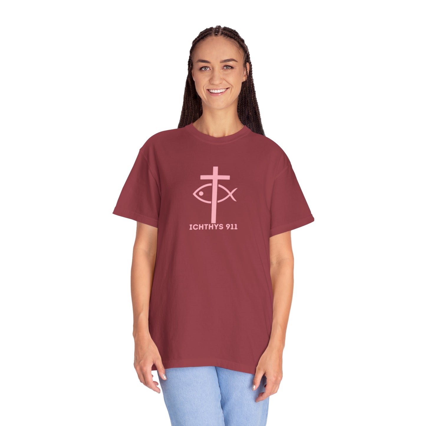 ICHTHYS 911 Pink Font "Faith, Hope, & Love" - Unisex Garment Dyed T-Shirt - 100% US Cotton - Men T-Shirt - Christian Women Tee - Faith-Inspired Shirt - Christian Fashion - Wear Your Faith - Additional Colors Added